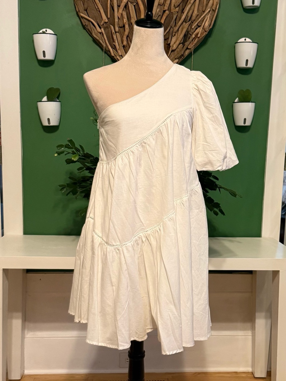 One-Shoulder White Tiered Cotton Dress